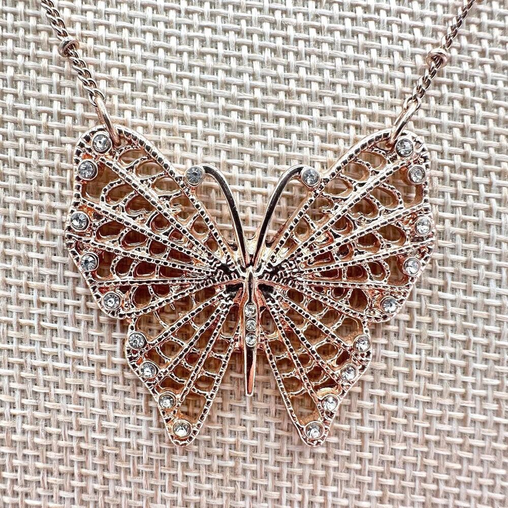 Vintage 80s Rose Gold Tone Butterfly Necklace Clear Rhinestone Statement Jewelry